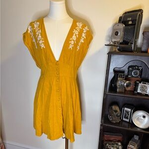 Yellow Button-Down Dress with Floral Embroidery forever 21